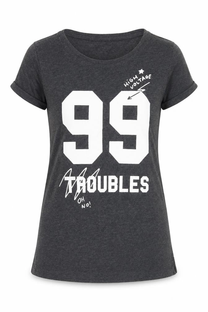 Front view of Sinsay women’s grey basic t-shirt, size S, - 99 troubles