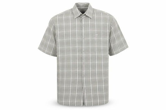 Front view of Wolsey men’s green plaid button-up, size L, - grey / green