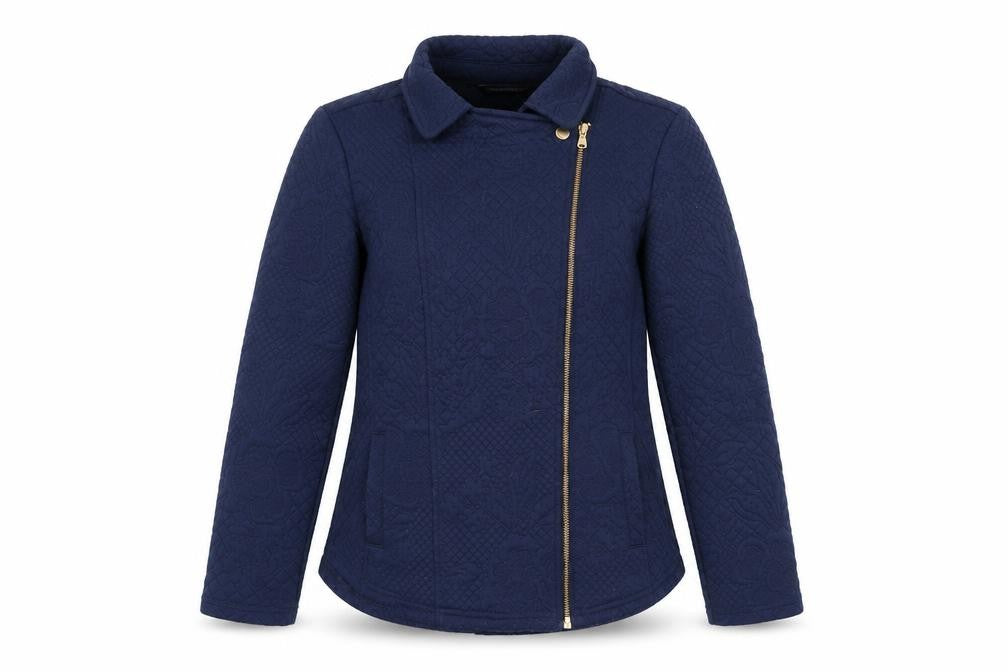 Front view of Isaac Mizrahi women’s blue jacket coat, size XS