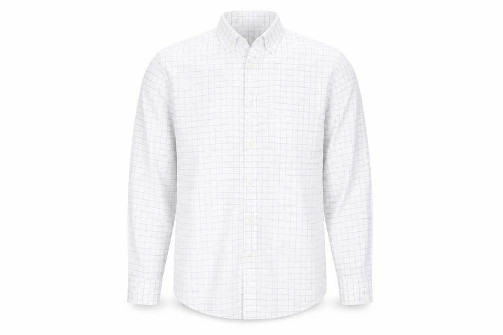 Front view of Smith & Jones men’s white plaid button-up, size M, - check pattern