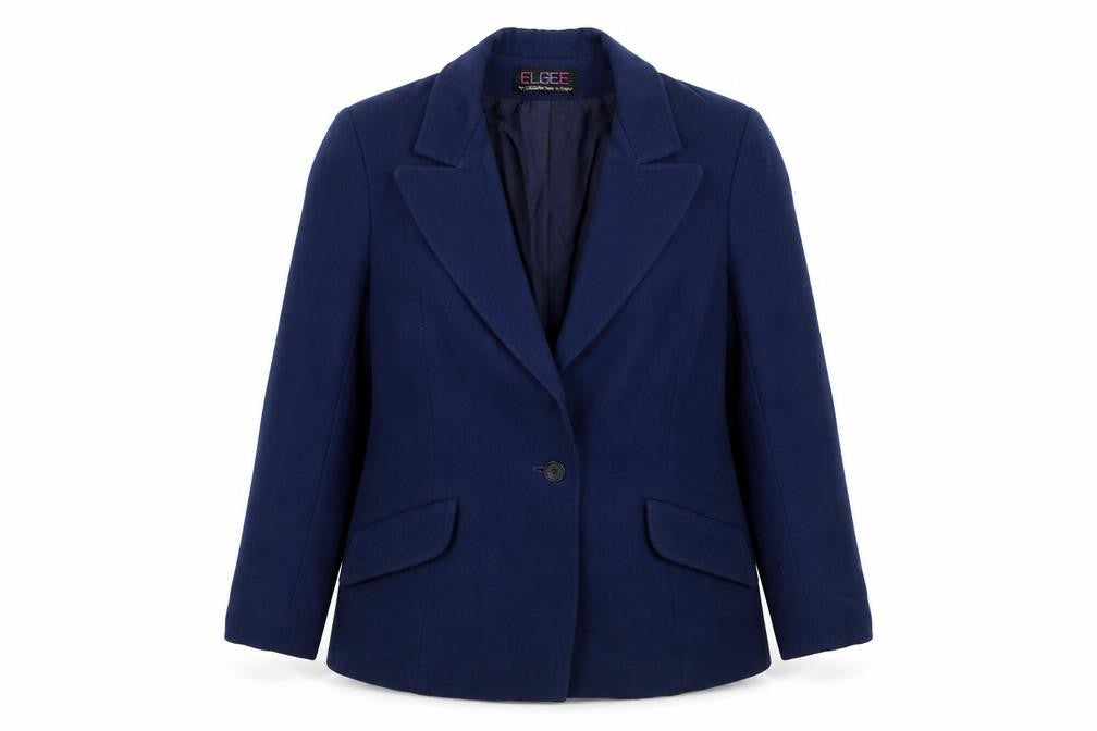 Front view of Elgee women’s blue jacket blazer, size M