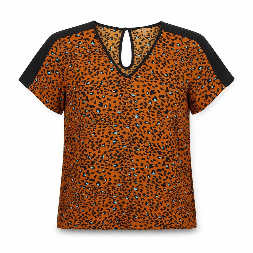 Front view of Pep&Co women’s orange animal print basic blouse, size UK 14