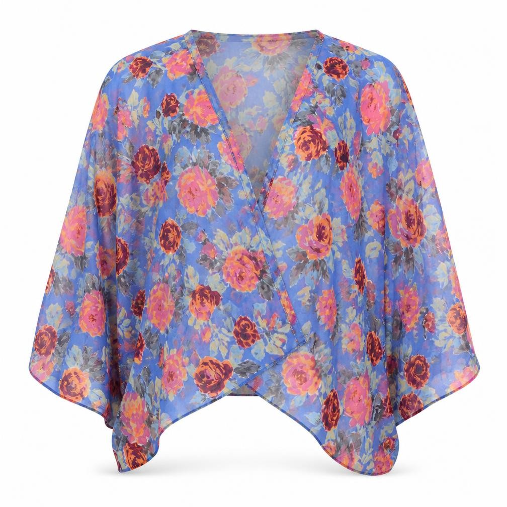 Front view of New Look girls’ blue floral kimono jacket, size S
