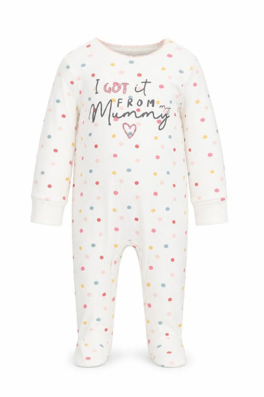Front view of F&F girls’ white polka dot babydoll one piece, size 3-6, months