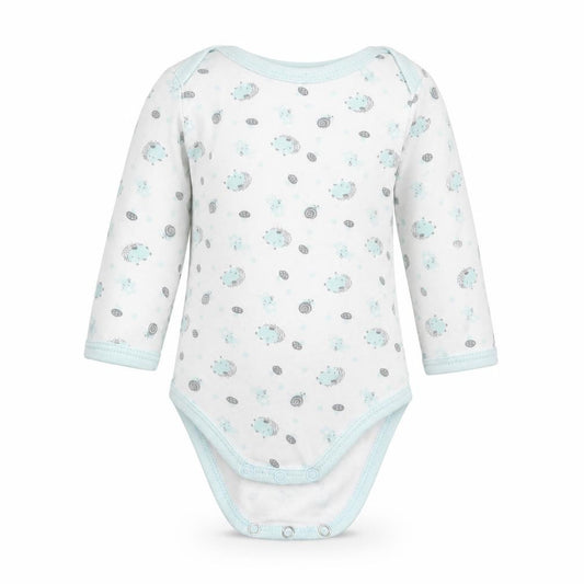 Front view of Preworn Baby Blue Geometric Babygrow One-Piece, size 3-6, Months