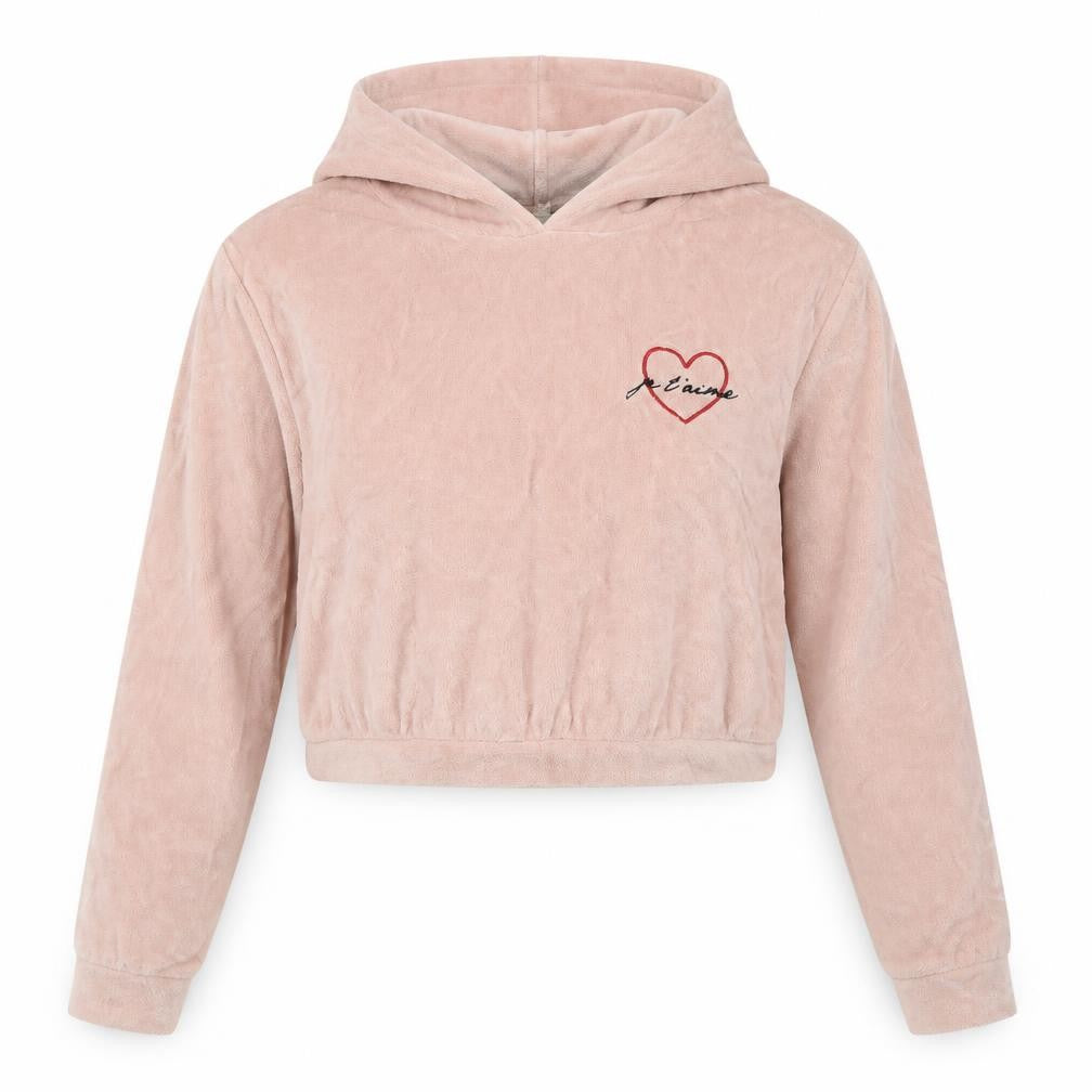 Front view of Miss Selfridge women’s pink pullover hoodie, size UK 4, - je t'aime