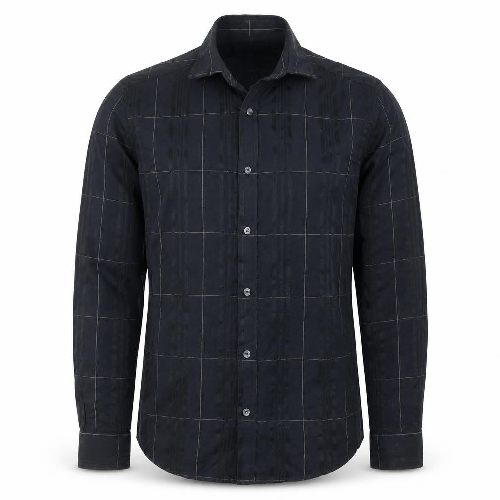 Front view of Marks & Spencer men’s black check button-up, size S
