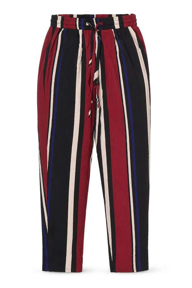 Front view of PRETTYLITTLETHING women’s multicoloured striped trousers, size UK 8, 24-inch leg