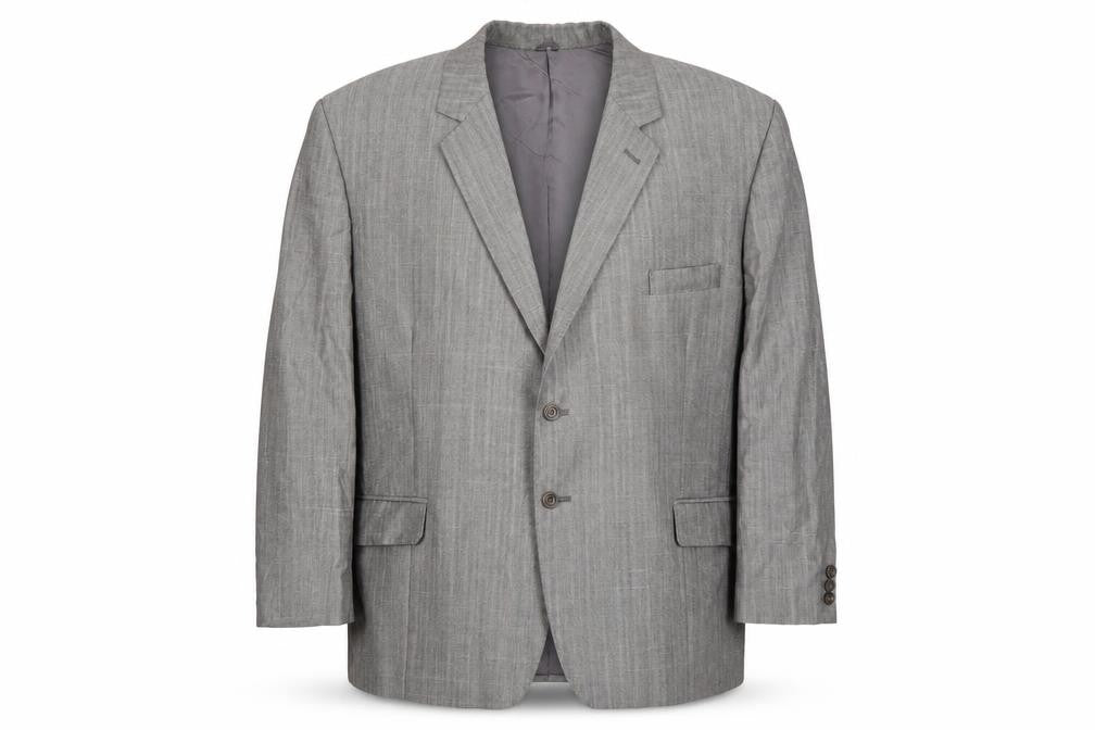 Front view of David Benedict men’s grey striped jacket suit jacket, size 44, - pink