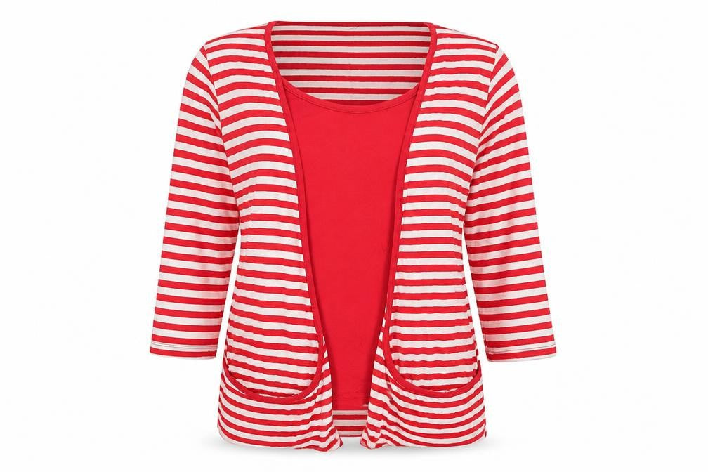 Front view of women’s red striped pullover sweatshirt one size