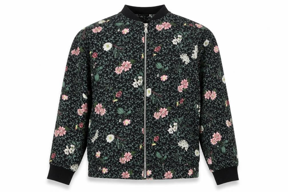 Front view of Red Herring women’s black floral full zip jumper, size UK 10