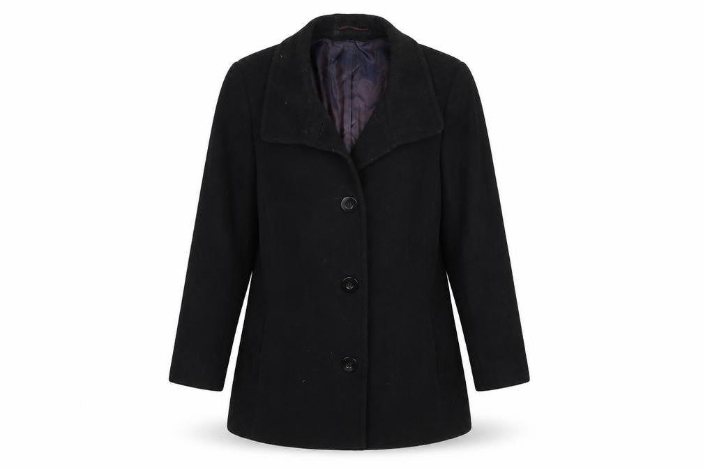 Front view of Marcona women’s black overcoat coat, size UK 16