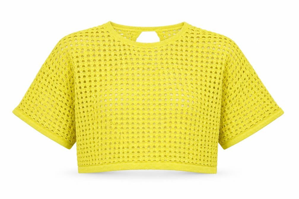 Front view of River Island women’s yellow cropped t-shirt, size M