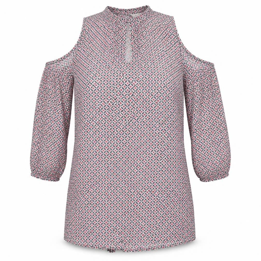 Front view of Staring at Stars women’s pink argyle/diamond basic blouse, size S, - cold shoulder