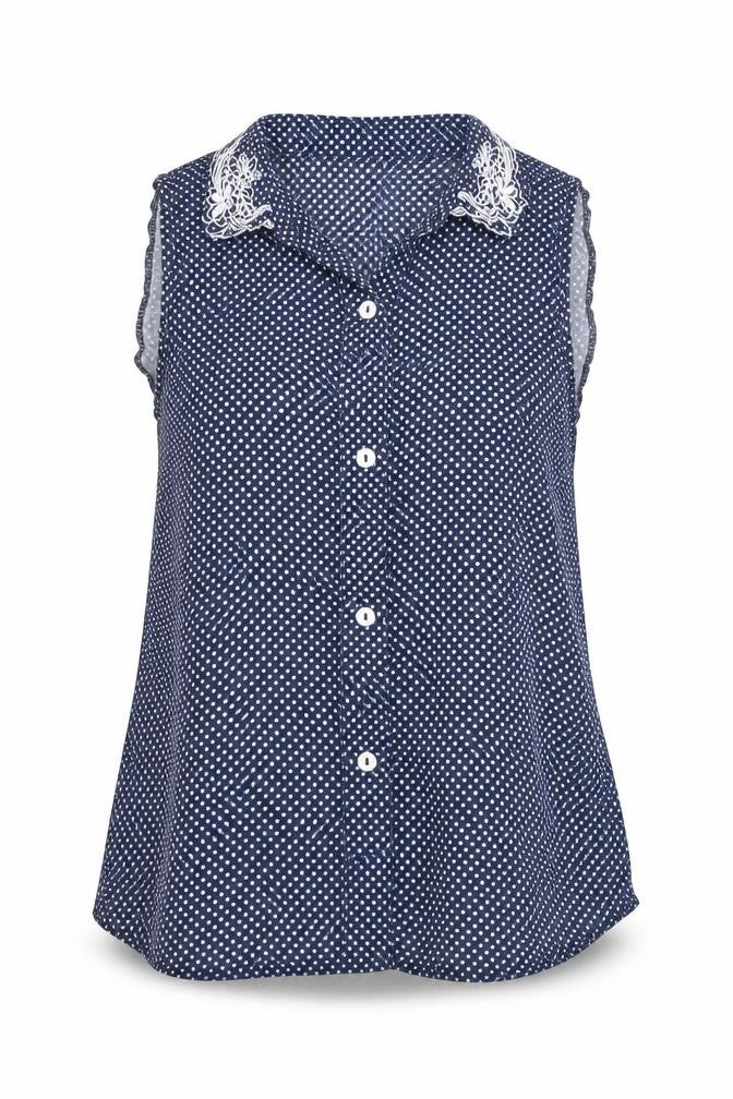 Front view of MINKPINK women’s blue polka dot basic blouse, size XS