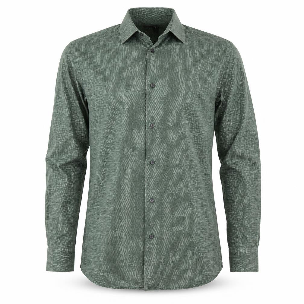 Front view of Next men’s green polka dot button-up, size 14.5