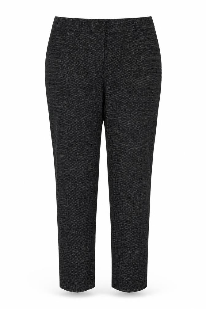 Front view of Warehouse women’s black polka dot trousers, size UK 14, 27-inch leg