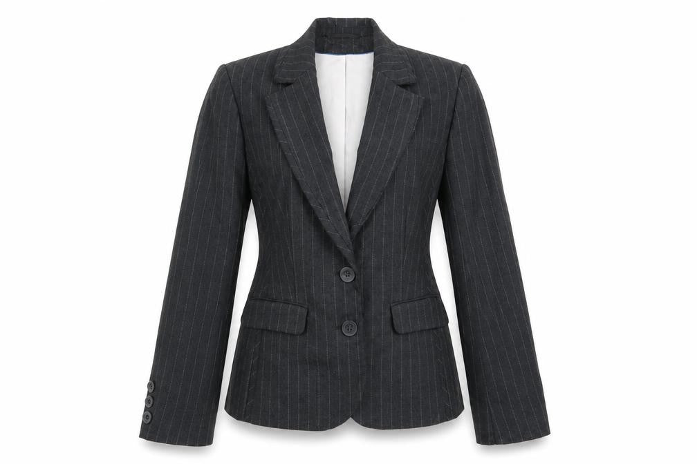 Front view of Autonomy women’s grey striped jacket blazer, size UK 10