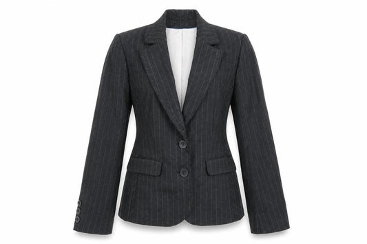 Front view of Autonomy women’s grey striped jacket blazer, size UK 10