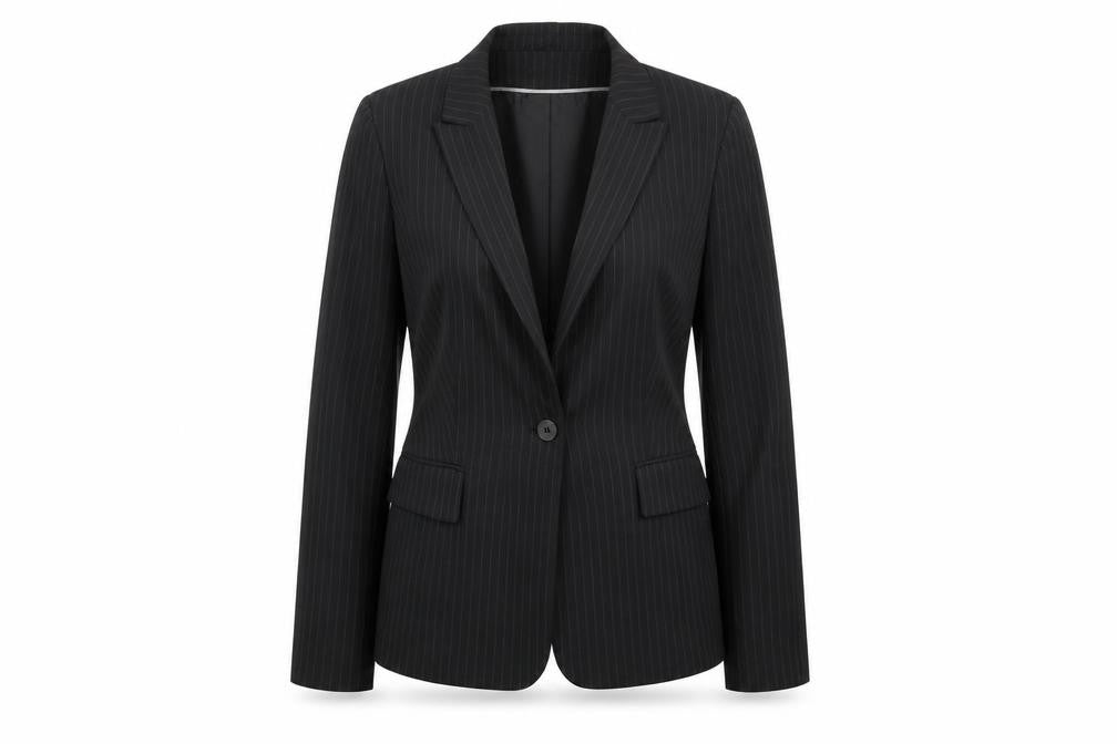 Front view of Preworn women’s black striped jacket blazer, size UK 12