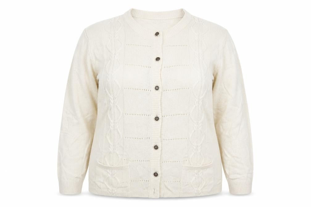 Front view of Vilona women’s beige cardigan jumper, size UK 18