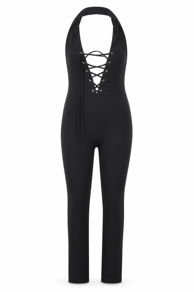 Front view of Boohoo women’s black catsuit one-piece, size UK 8