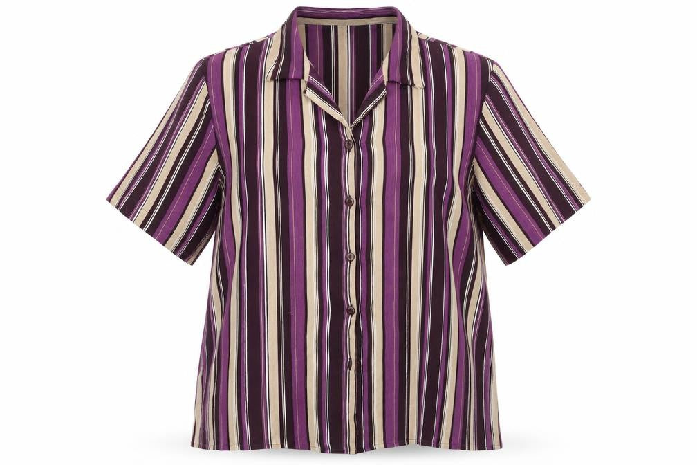 Front view of Burktex women’s purple striped basic button-up, size UK 16