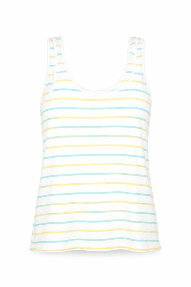 Front view of Tu women’s white striped basic tank, size UK 8