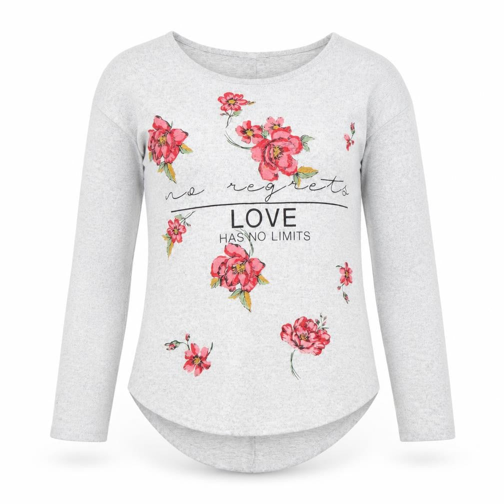 Front view of women’s womens grey floral basic t-shirt, size S