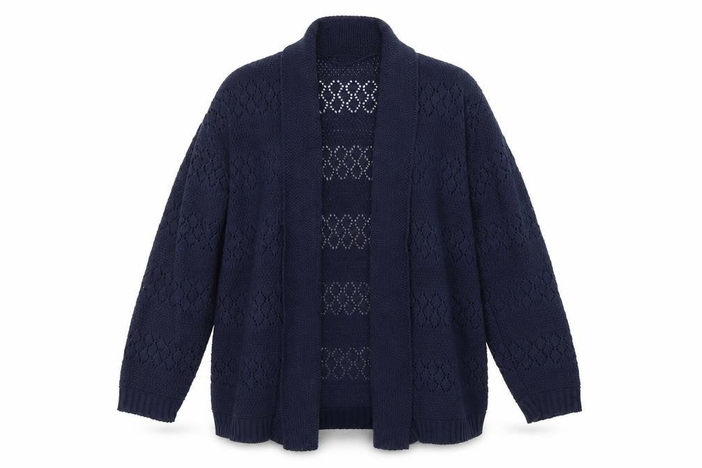 Front view of Pure & Natural women’s blue cardigan jumper, size L