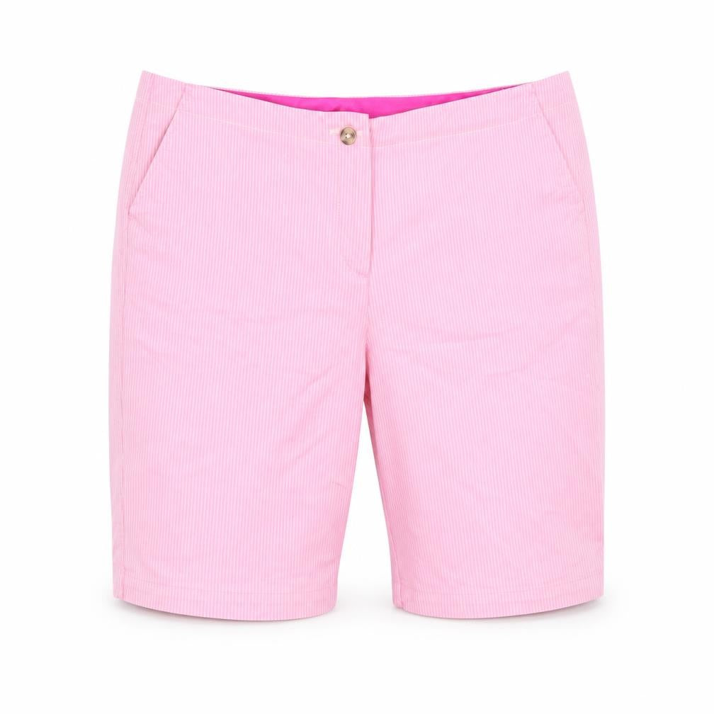 Front view of Preworn women’s pink striped bermuda shorts, size UK 40