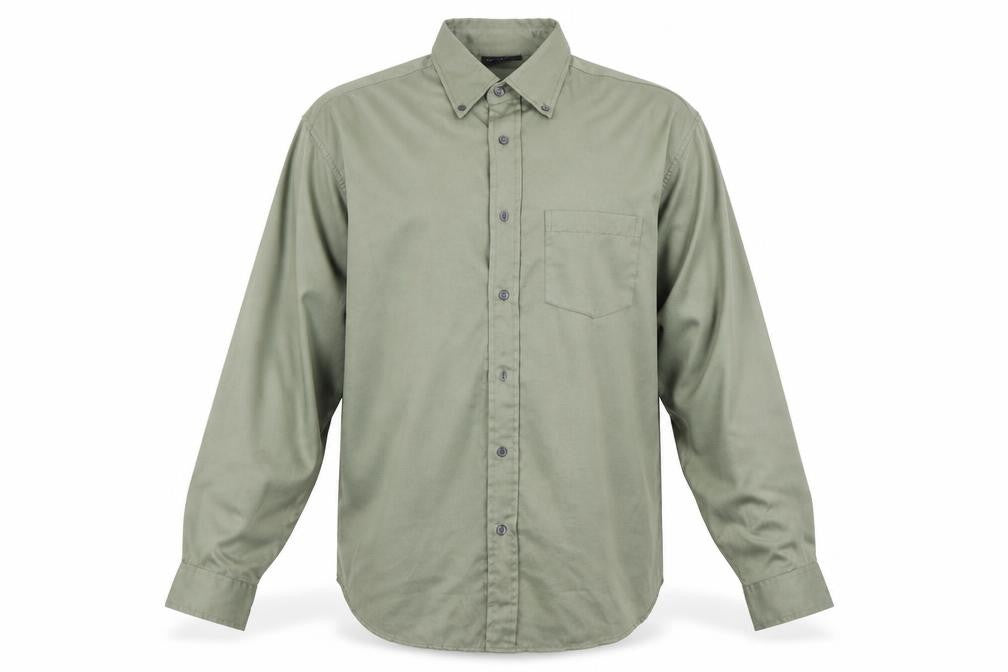 Front view of Ted Taylor men’s green button-up, size L