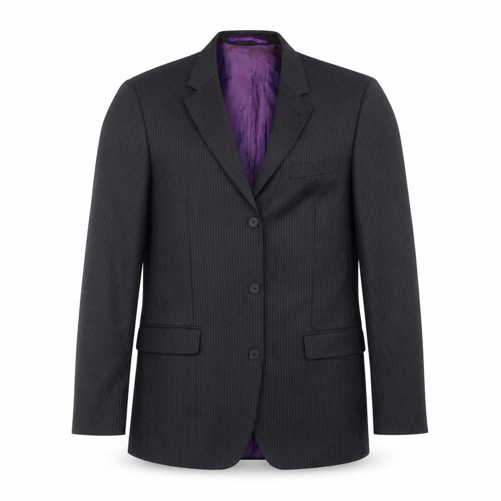 Front view of Alfred Brown men’s blue striped jacket suit jacket, size 38