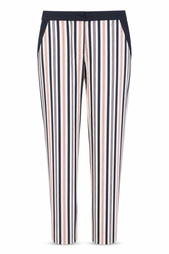 Front view of River Island women’s beige striped trousers, size UK 8, 28-inch leg