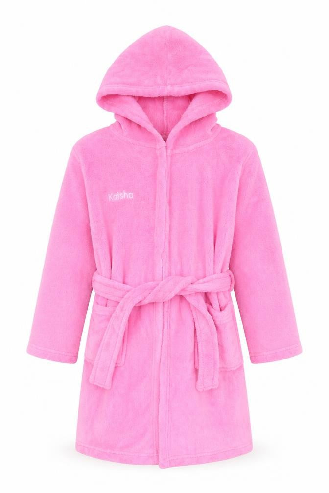Front view of Preworn girls’ pink solid fleece kimono robe, size 6-7, years