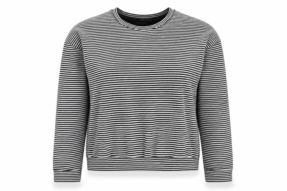 Front view of New Look women’s multicoloured striped pullover sweatshirt, size UK 10