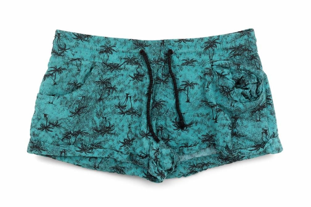 Front view of Red Herring women’s blue hot pants shorts, size UK 8, - palm trees