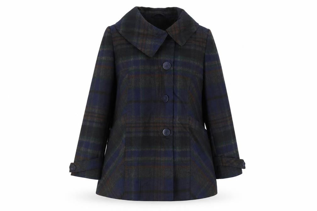 Front view of F&F women’s blue plaid overcoat coat, size UK 10