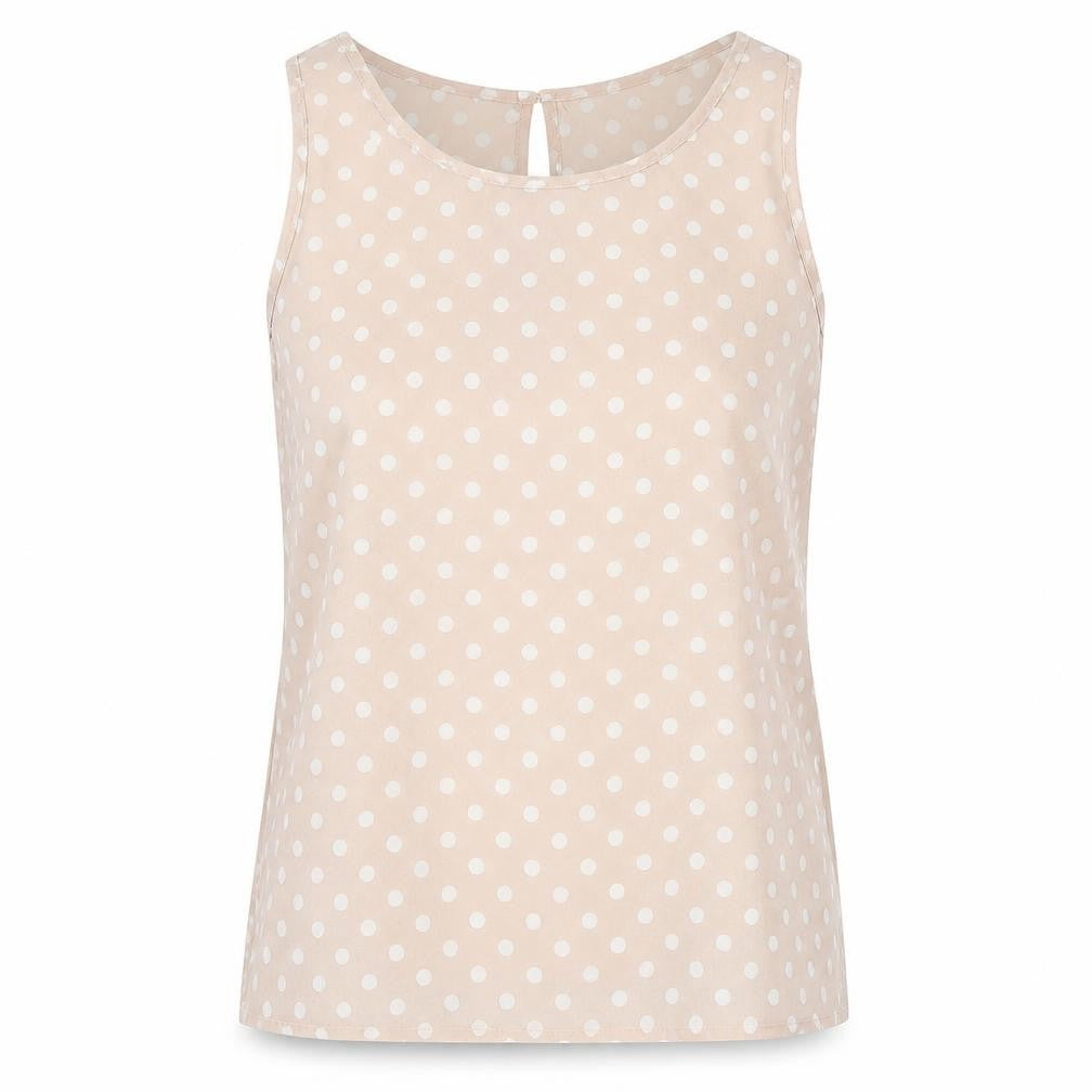 Front view of Cameo Rose women’s pink polka dot basic tank, size UK 8