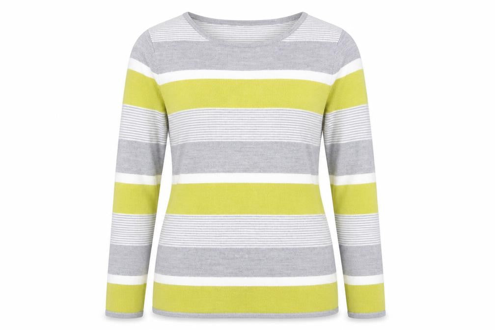Front view of Bonmarché women’s multicoloured striped jumper, size UK 14
