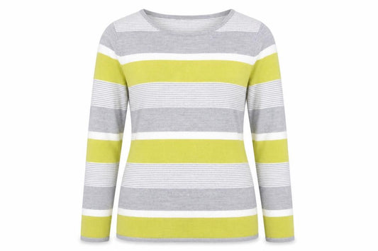 Front view of Bonmarché women’s multicoloured striped jumper, size UK 14