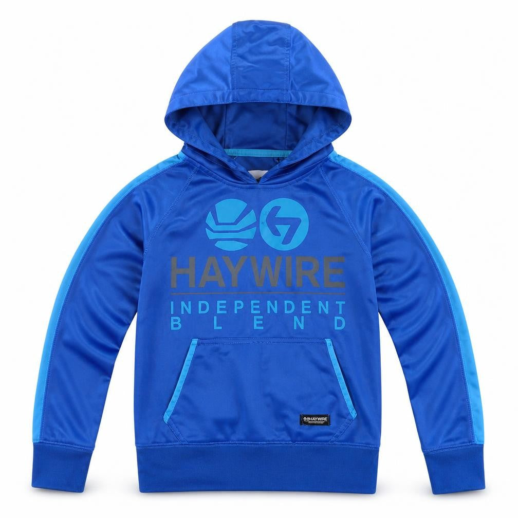 Front view of Haywire boys’ blue pullover hoodie, size S