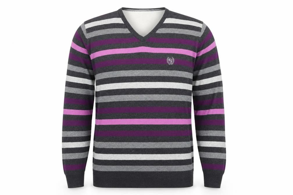 Front view of Easy men’s grey striped jumper, size L