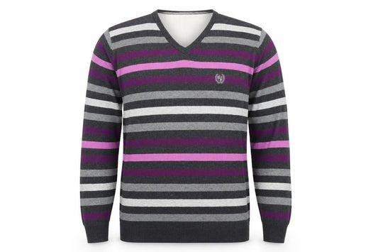 Front view of Easy men’s grey striped jumper, size L