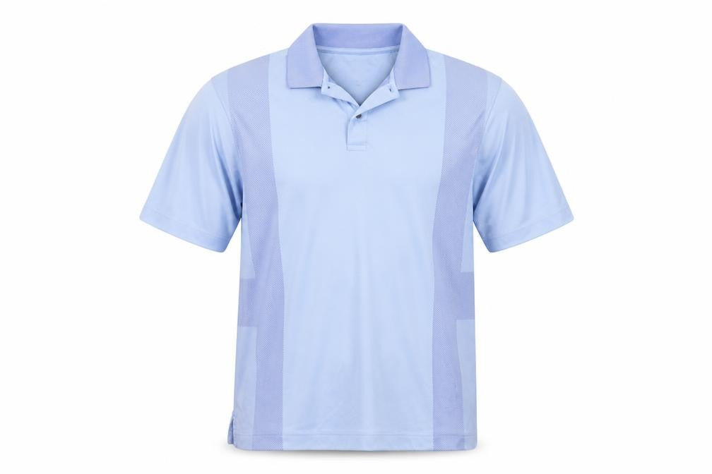 Front view of cool men’s blue polo, size M