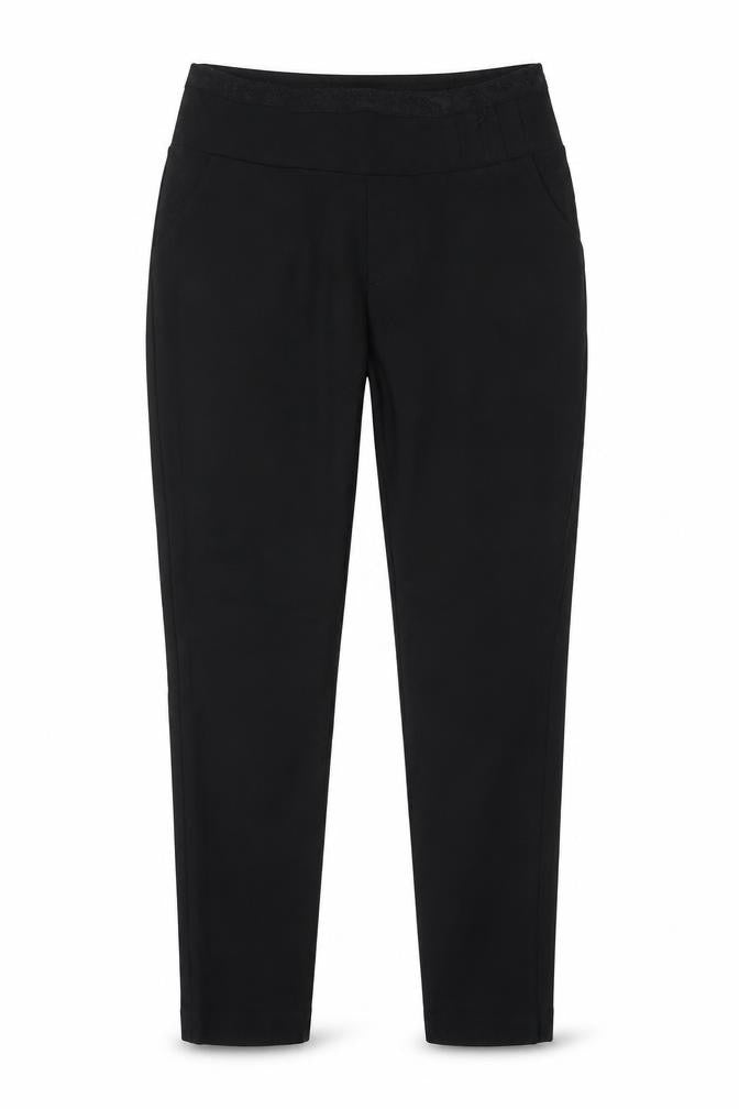 Front view of Preworn women’s black trousers, size L, 25-inch leg