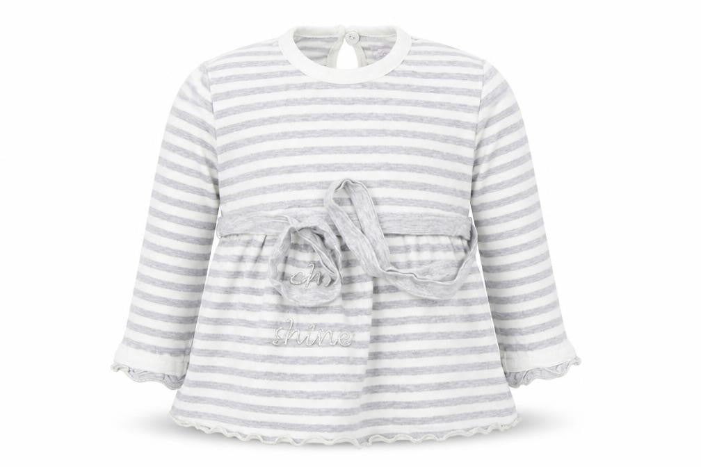 Front view of garaya bebe Baby Grey Striped Basic T-Shirt, size 6-9, Months