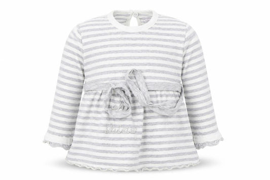 Front view of garaya bebe Baby Grey Striped Basic T-Shirt, size 6-9, Months