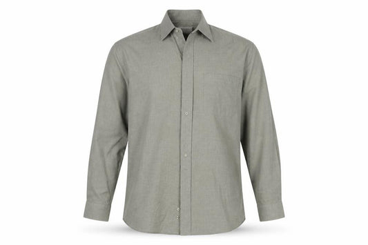 Front view of laine taylor men’s green button-up, size 16.5