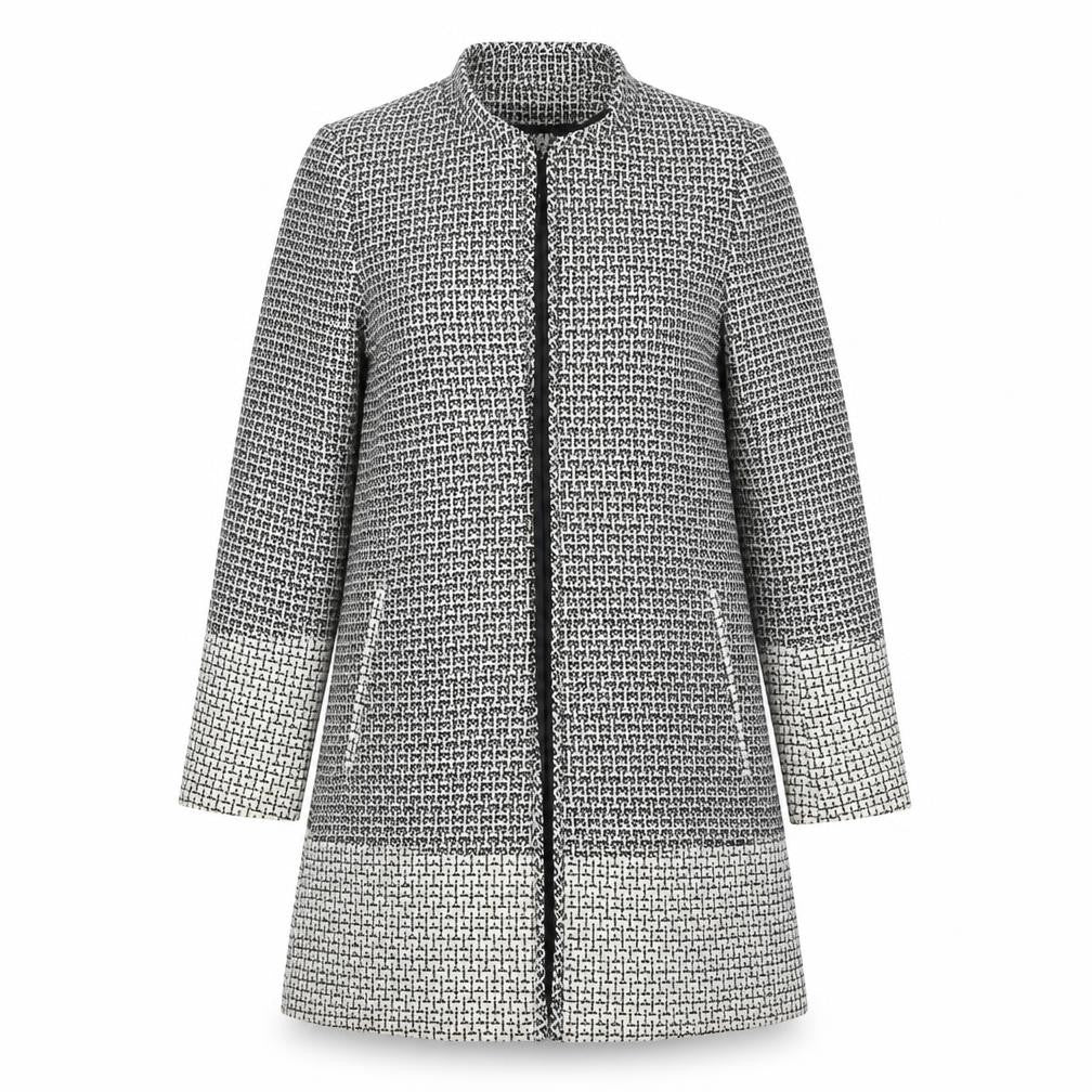 Front view of H&M women’s grey geometric overcoat coat, size UK 6